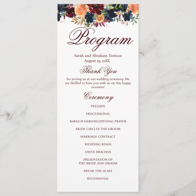 Gold Burgundy Wine Navy Floral Wedding Programs Menu (Front)