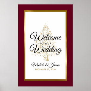 Gold Burgundy Winter Holiday Wedding Welcome Poster