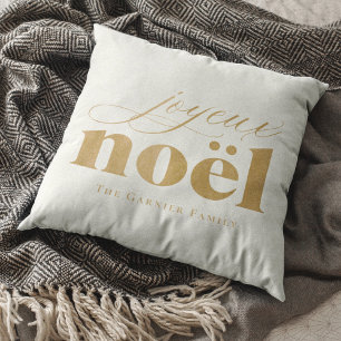 Gold burlap joyeux noël Custom Last Name Christmas Cushion