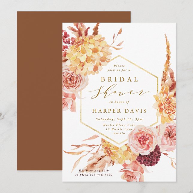 Gold Burnt Orange Terracotta Flowers Bridal Shower Invitation (Front/Back)