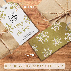 Gold Business Logo Merry Christmas White Snowflake Gift Tags