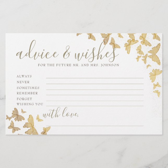 Gold Butterflies Advice Game Mr Mrs Bridal Shower Stationery (Front)