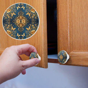 Gold Butterflies and Daisies on Blue Ceramic Knob
