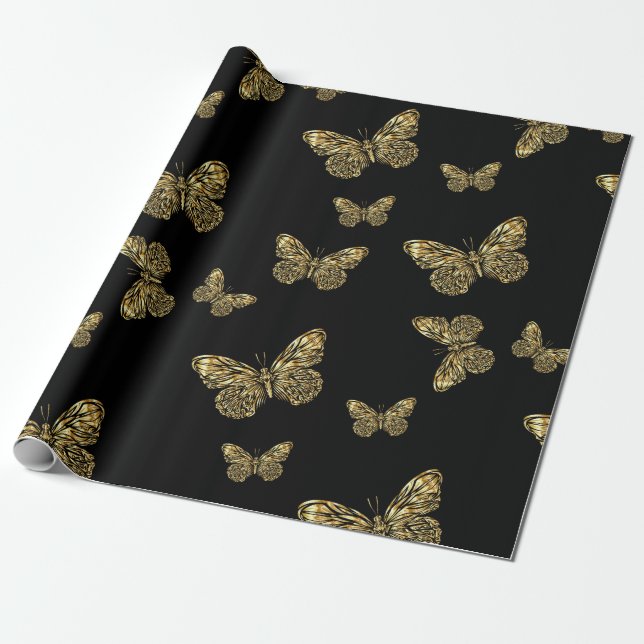 Gold Butterflies at black, cute Moth pattern Wrapping Paper (Unrolled)