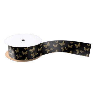 Gold butterflies at black, nature themed pattern satin ribbon