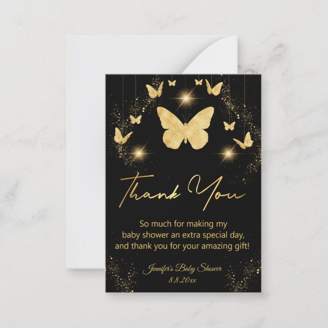  gold butterflies black thank you baby shower  card (Front)