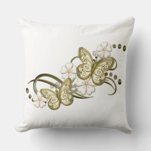 Gold Butterflies Floral Pattern Throw Pillow