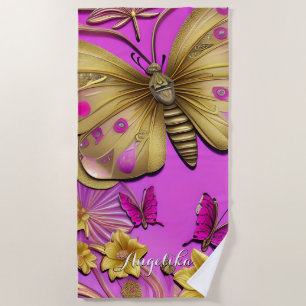 Gold Butterflies Hot Pink Personalised Name Beach Towel