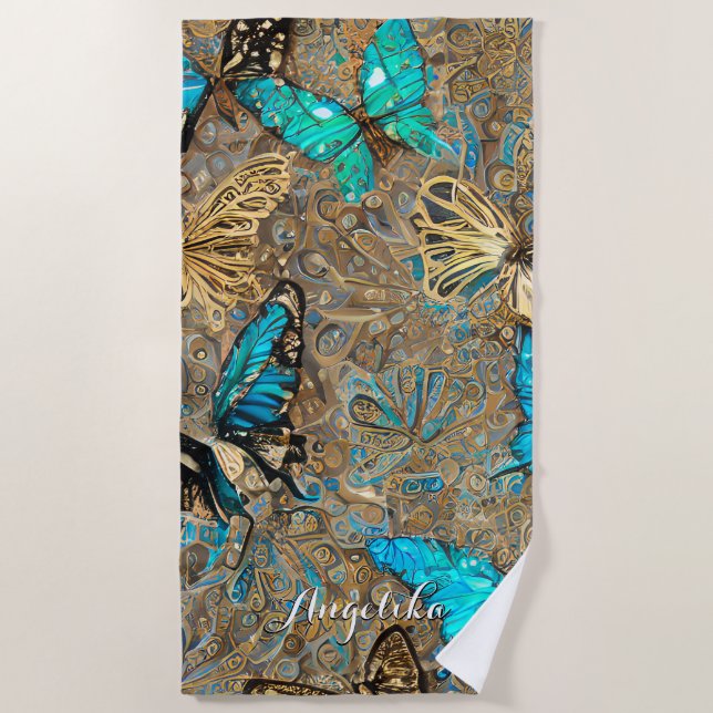 Gold Butterflies Personalised Name Beach Towel (Front)