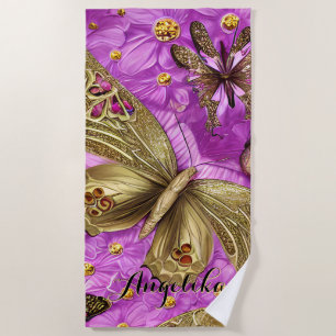 Gold Butterflies Pink Flowers Personalised Name Beach Towel