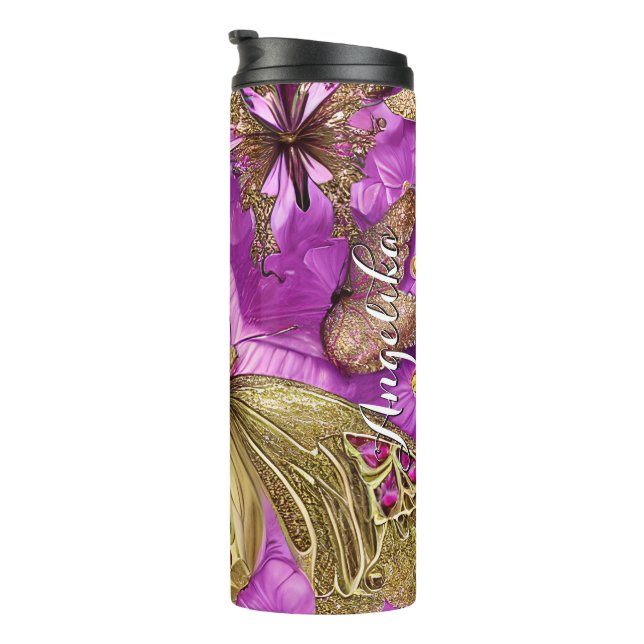 Gold Butterflies Pink Flowers Personalised Name Thermal Tumbler (Rotated Right)