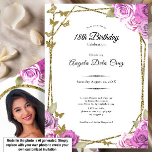 Gold Butterflies Pink Roses 18th Debut Birthday Invitation