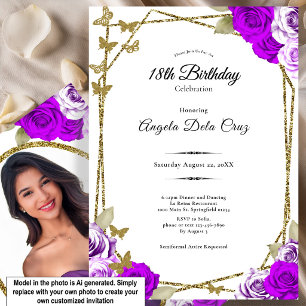 Gold Butterflies Purple Roses 18th Debut Birthday Invitation