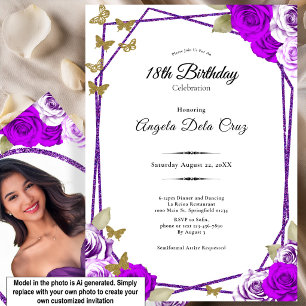 Gold Butterflies Purple Roses 18th Debut Birthday Invitation