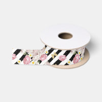 Gold Butterflies, Roses Daisies Black White Stripe