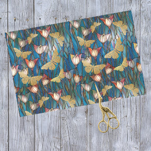 Gold Butterflies Stained Glass Art Noveau Flowers Tissue Paper