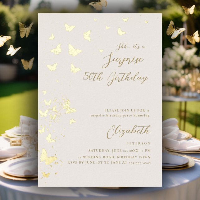 Gold Butterflies Surprise Party Gold 50th Birthday (50th surprise party invitations for women gold foil butterflies modern elegant classy chic garden)
