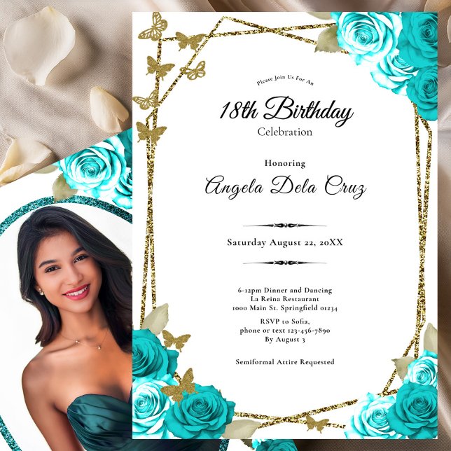 Gold Butterflies Teal Roses 18th Debut Birthday Invitation (Creator Uploaded)