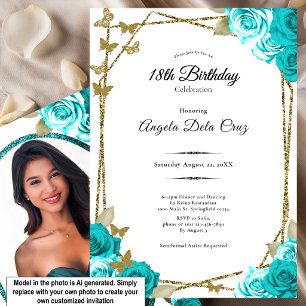 Gold Butterflies Teal Roses 18th Debut Birthday Invitation