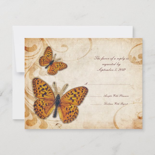 Gold Butterflies Vintage Wedding RSVP (Front)