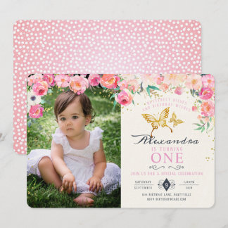 Gold Butterfly and Pink Floral Birthday Invitation