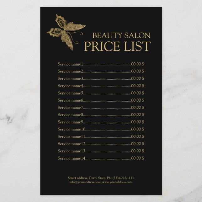 Gold Butterfly Beauty Care Black Price List Flyer (Front)