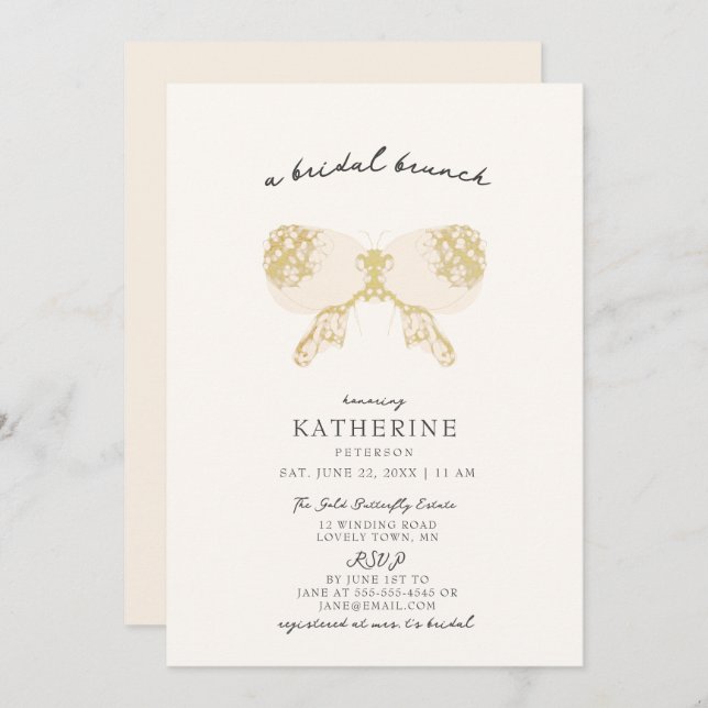Gold Butterfly Blush Pink Modern Bridal Shower Invitation (Front/Back)