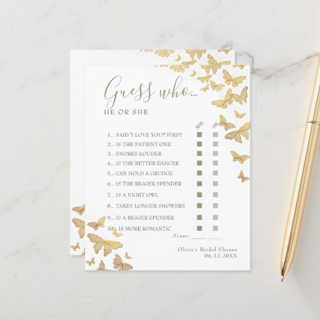 Gold Butterfly Boho Bridal Shower Guess Who Game (Front/Back In Situ)