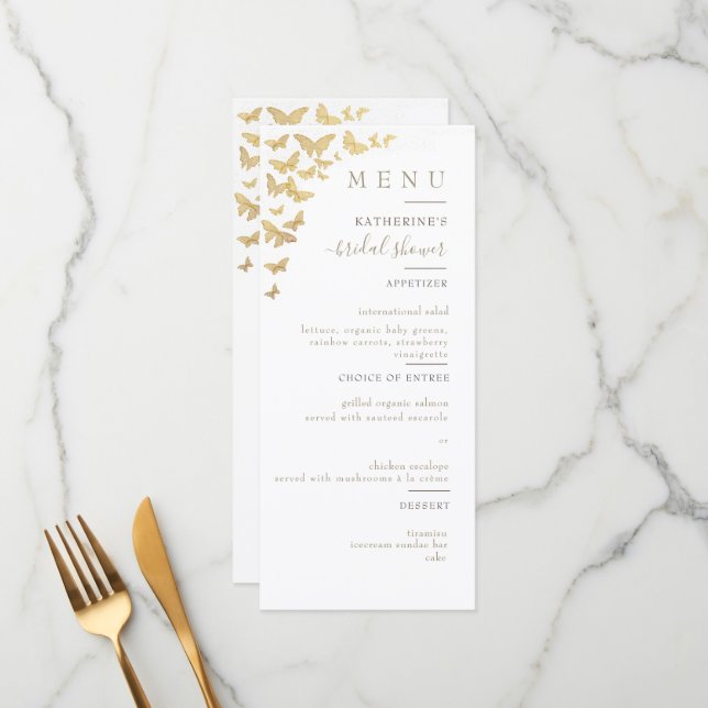 Gold Butterfly Boho Elegant Simple Bridal Shower Menu (Front/Back In Situ)
