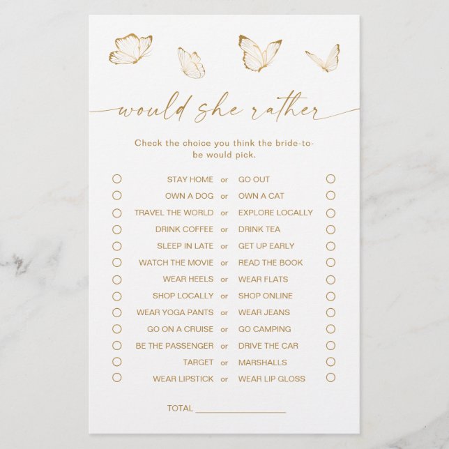 Gold Butterfly Bridal Shower Would She Rather Game (Front)
