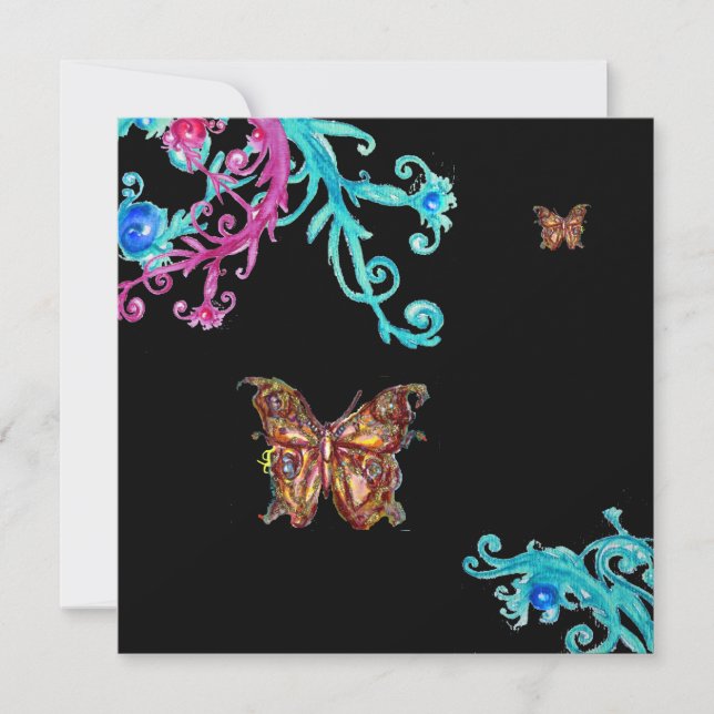 GOLD BUTTERFLY , bright pink  blue black Invitation (Front)