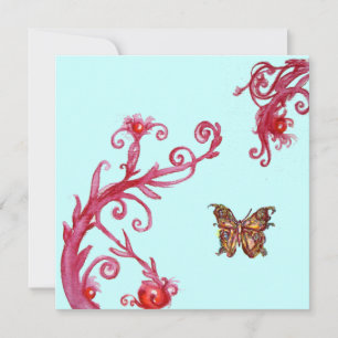 GOLD BUTTERFLY , bright red blue Invitation