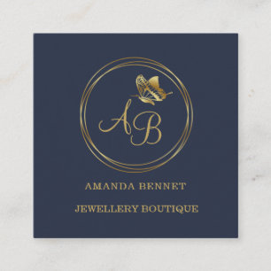 Gold butterfly, circle frame feminine monogram square business card