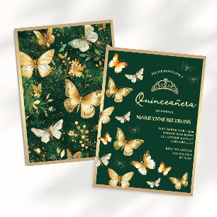 Gold Butterfly Emerald Green Quinceañera Invitation