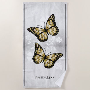 Gold Butterfly Floral Beach Towel