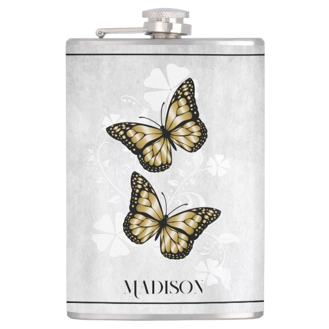 Gold Butterfly Floral Flask (Front)