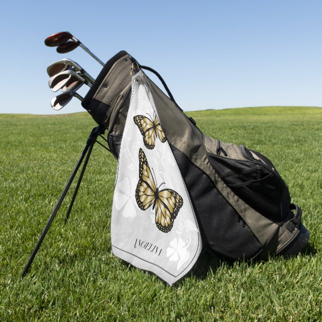 Gold Butterfly Floral Golf Towel (Green)
