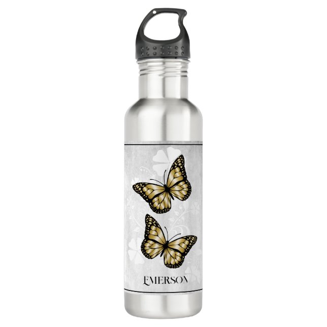 Gold Butterfly Floral Personalised 710 Ml Water Bottle (Front)