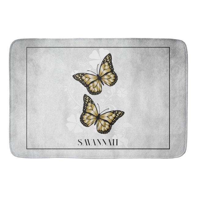 Gold Butterfly Floral Personalised Bath Mat (Front)