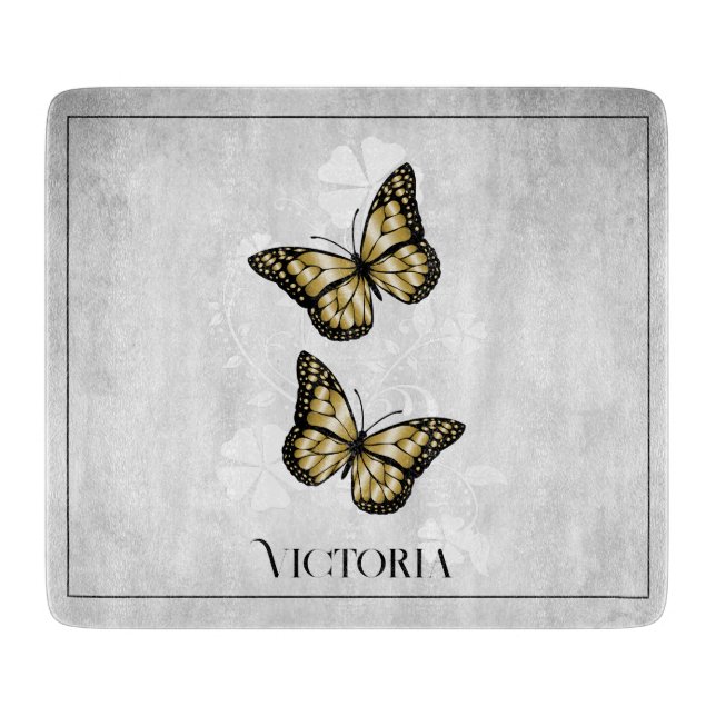 Gold Butterfly Floral Personalised Cutting Board (Front)