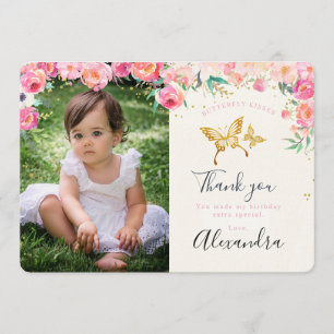 Gold Butterfly & Floral Photo Thank you card