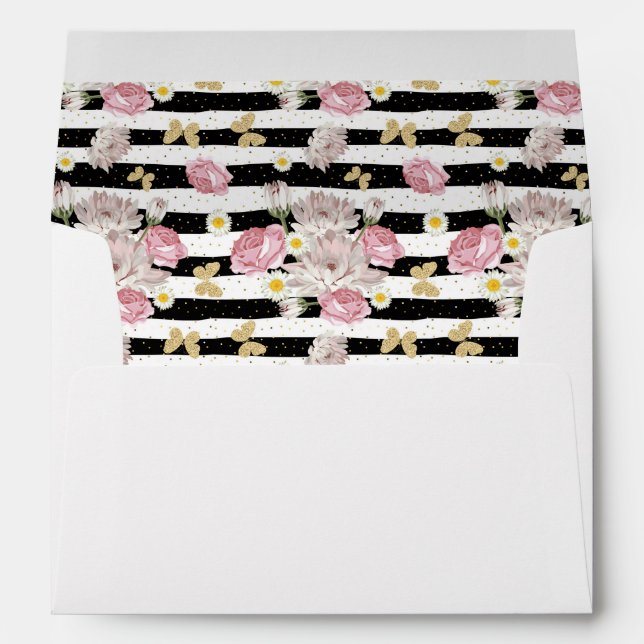 Gold Butterfly Floral Print Custom Return Address Envelope (Back (Bottom))