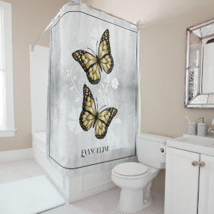 Gold Butterfly Floral Shower Curtain