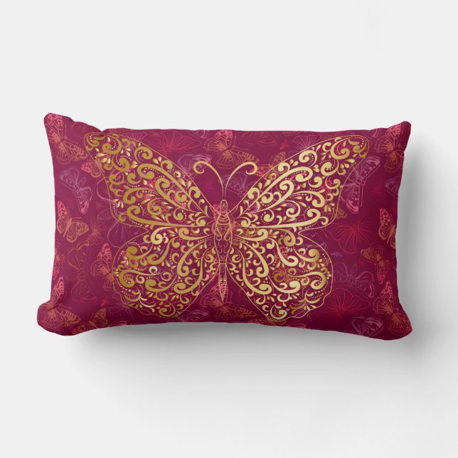 Gold Butterfly Flourish on Burgundy Magenta Accent Lumbar Cushion (Front)
