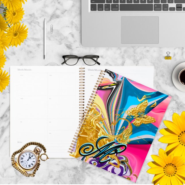 Gold Butterfly Flower Monogram Liquid Abstract  Planner (Creator Uploaded)