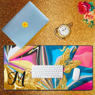 Gold Butterfly Flower Monogram Liquified Abstract Desk Mat