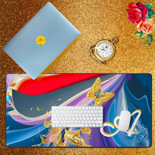 Gold Butterfly Flower Monogram Liquified Abstract  Desk Mat