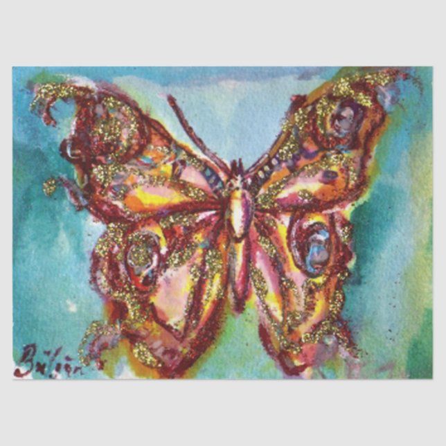 GOLD BUTTERFLY IN BLUE Watercolor Tissue Paper (Front)