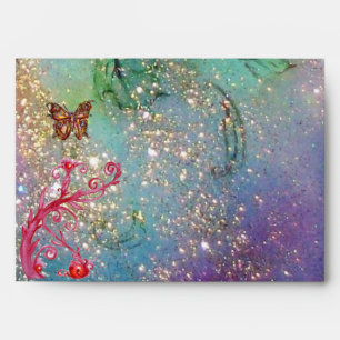 GOLD BUTTERFLY IN TEAL AQUA BLUE SPARKLES SWIRLS ENVELOPE