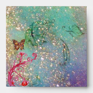 GOLD BUTTERFLY IN TEAL AQUA BLUE SPARKLES SWIRLS ENVELOPES